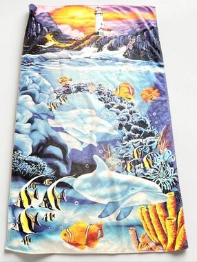 Vintage 90s Hilasal Sea Mist Beach Towel 61x36 Inch Colorful Lighthouse Fish